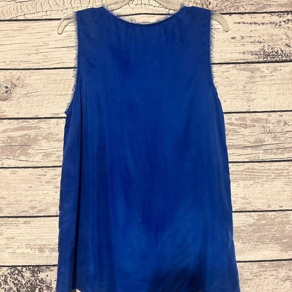 Lola & Sophie Silk Tank Top Blue Sleeveless V Neck Fringe Trim Blouse Medium - Picture 4 of 5